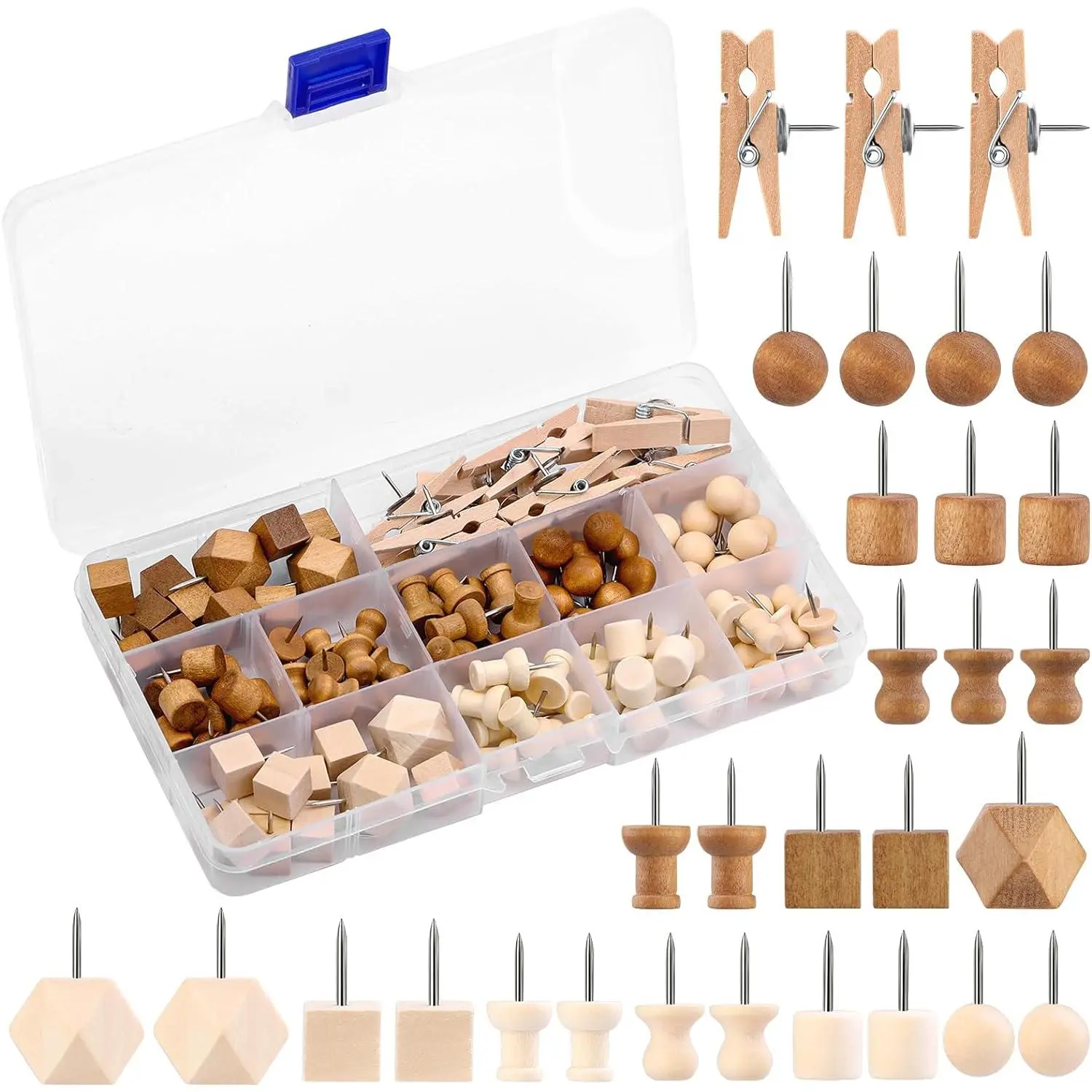 114 count  Push Pins, 2 Colors and 7 Types Decorative Thumb Tacks Wooden  Pin Map Tacks Marking Pin,  Thumb Tacks Decorative for Bulletin Boards Craft Projects with Storage Box
