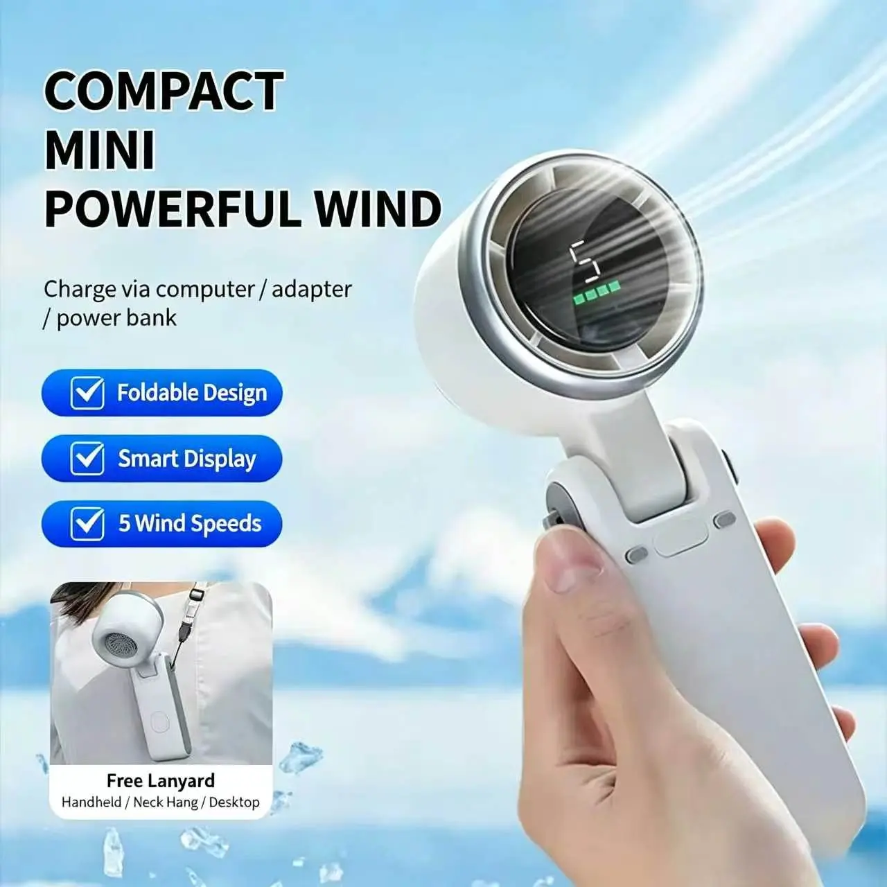 【ZenDecor】3-in-1 Portable Handheld Desk Fan - 180° Foldable, 5 Wind Speeds, Rechargeable with LED Display, Cooling Solutions for Travel, Office Use, Fans Portable