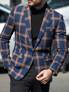 Men's Fitted Casual Buttoned Blazer Jacket, Plaid Pattern, Business Casual Suit, Light Business and Daily Wear, Fashionable Men's Outerwear