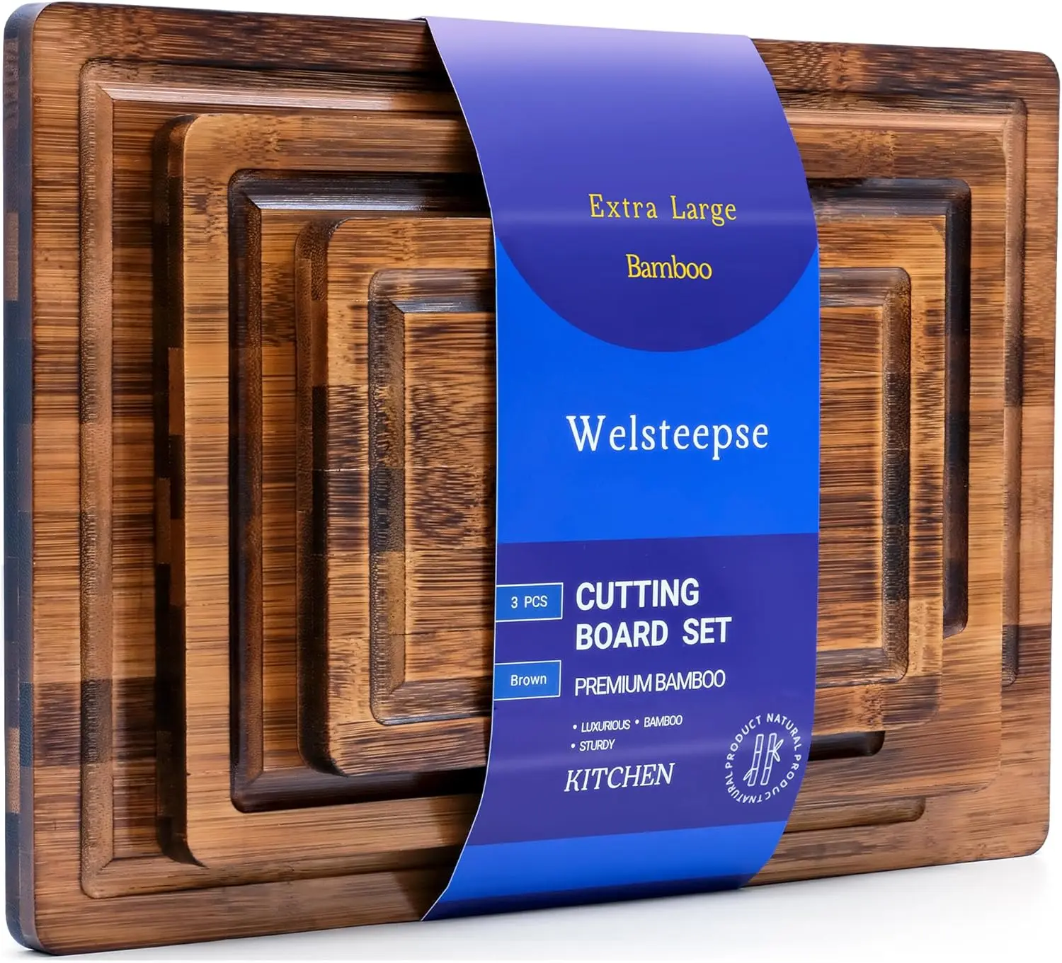 WELSTEEPSE 3-Piece Eco-Friendly Bamboo Cutting Boards Set - Deep Carbonized, Durable, Non-Toxic, Scratch-Resistant, Mess-Free Kitchen Accessories with Juice Groove, Utensils for Meat & Veggie Prep