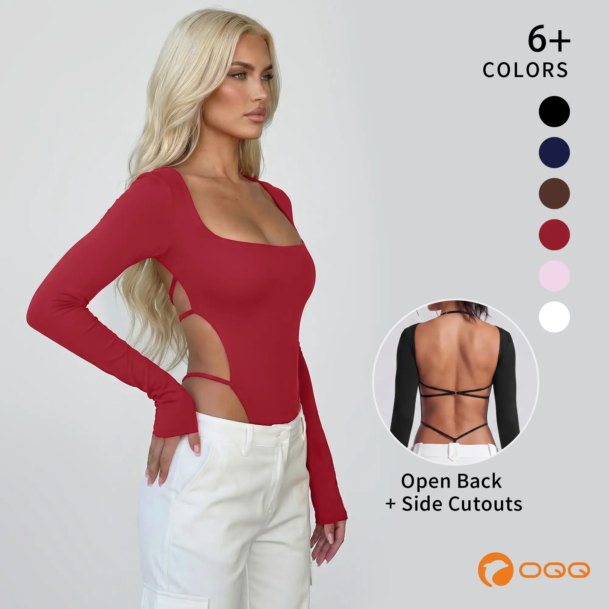 OQQ Women's Lady Sexy Fitted Long Sleeve Square Neck Back-Cutout Criss-Cross Back Bodysuit - Trendy Tops for Thanksgiving, Easter, Night Out, Clubbing