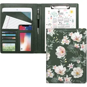 Portfolio Case for Women, Padfolio Cover for Girls, Conference/Resume/Legal Document Organizer with Letter/A4 Size Clipboard Hardboard, Business Card Holders, Green Flower