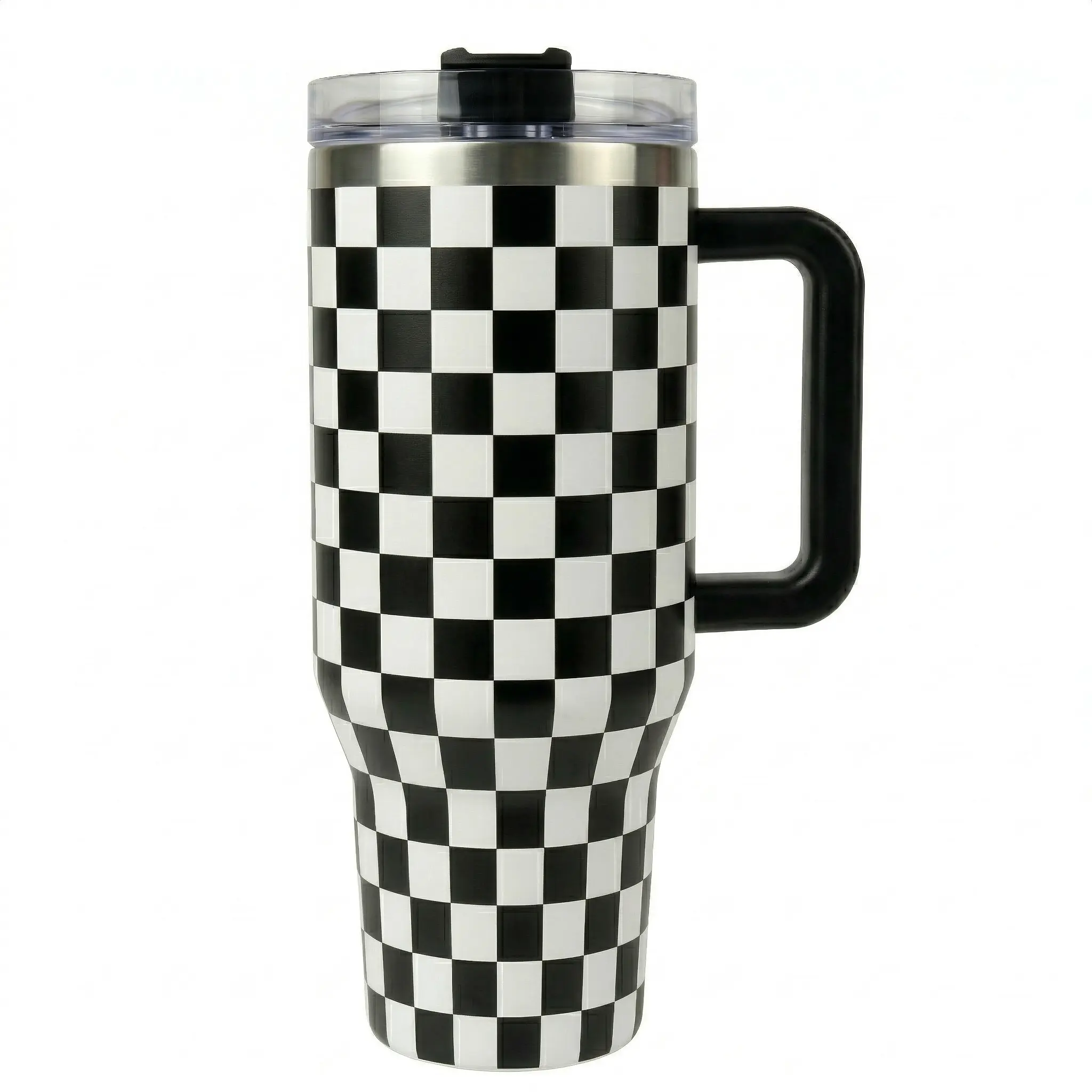 40oz Black and White Checkered Tumbler with Handle,Large Checkered Insulated Tumbler with Straw & Lid - Stainless Steel Vacuum Water Bottle - Car Cup Holder Friendly Travel Coffee Mug,Unique Checkered Gift for Women, Men, Racing Fans