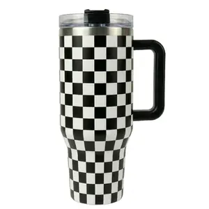 40oz Black and White Checkered Tumbler with Handle,Large Checkered Insulated Tumbler with Straw & Lid - Stainless Steel Vacuum Water Bottle - Car Cup Holder Friendly Travel Coffee Mug,Unique Checkered Gift for Women, Men, Racing Fans