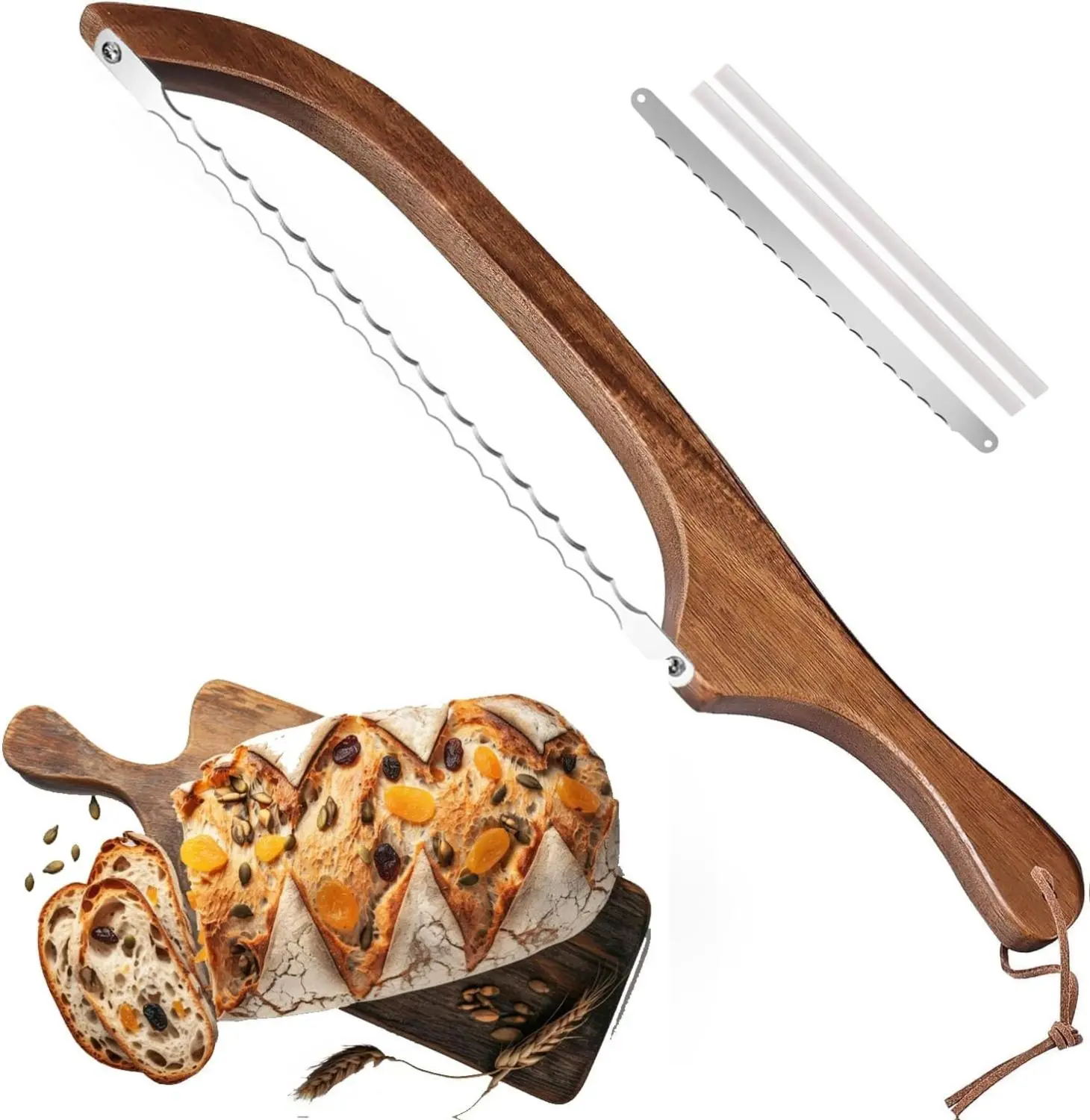 New 2025 Kitchen Gadgets Top Trending: Dual-Blade Bread Knife - Crumb-Free Precision Cutting with Spanish Olive Wood Handle & Extra Blade | 15.7" Ergonomic Design