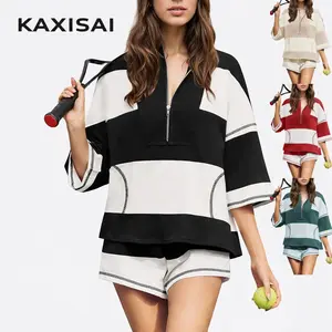 Women’s Striped Two Piece Set – Half Zip Oversized Top & Shorts Casual Sport Lounge Outfit Summer Streetwear