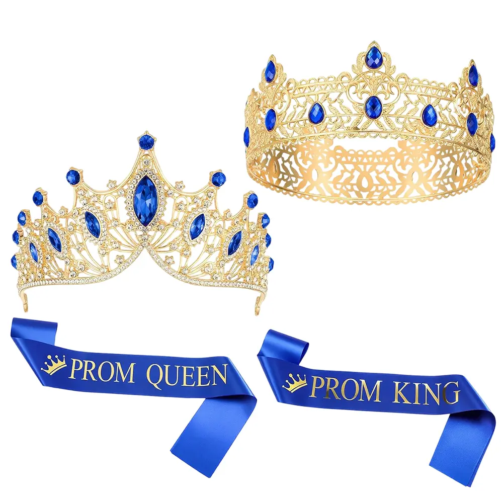 4 PCS Prom King and Queen Crowns and Sashes Set Graduation Prom King and Queen Tiara Sash