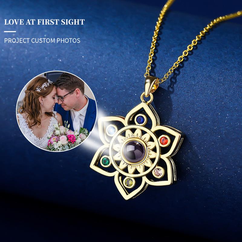 L&M Photo Customizable Silver Memory Projection Necklace - Western Hollow Flower Pendant for Chain, Micro-Engraving Technology Copper Unisex Costume Jewelry, Auspicious Love Letter Gift (Custom Content Contact Us)