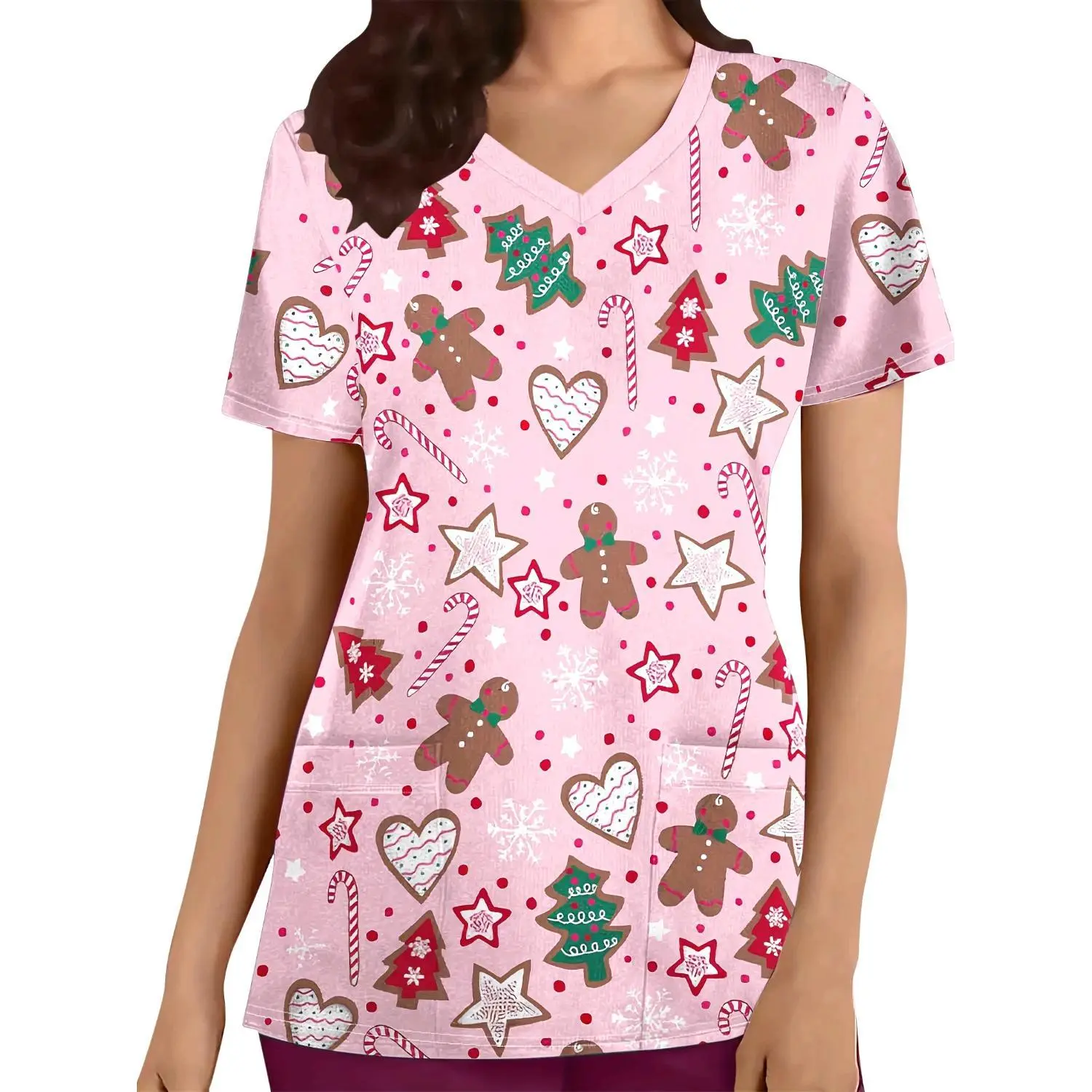 Women's Christmas Nurse T-Shirt with Gingerbread Man and Snowflake Print - Soft & Cute Holiday Top