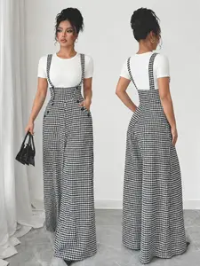 Women's Knitted Houndstooth Plaid Print Belted Pants, Button, Elegant Fall/Winter Fashion, Long Pants with Front Zipper and Pockets, Casual Commuter Wear, Womenswear, Casual High Rise, Fit