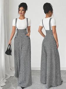 Women's Knitted Plaid Print Belted Pants, Fall Winter Fashion Elegance, Front Pocket Zipper Long Pants, Casual Commuter Wear