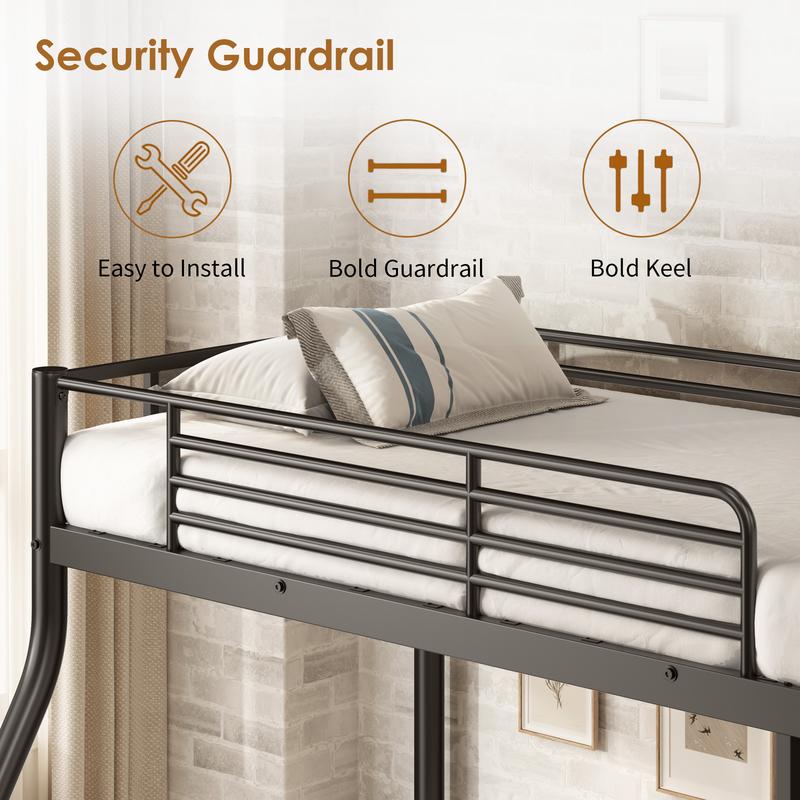 Twin Over Full Bunk Bed, Heavy Duty Metal Industrial Bunk Bed with Ladder and Guardrail for Teens/Adults, Space-Saving, No Box Spring Needed, Black