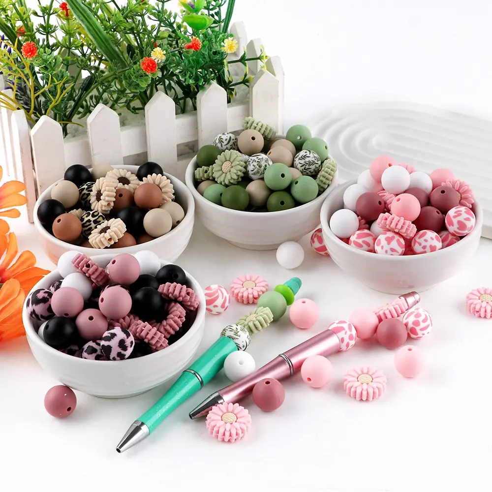 20pcs Silicone Sunflower Focal Beads, Printed Beads and Round Beads Assortment, DIY Mix Beads, Multiple Styles, Suitable for Crafting Various Beaded Pens, Bracelets, Necklaces, and Other Handicrafts, DIY Beading Accessories, DIY Jewelry Making