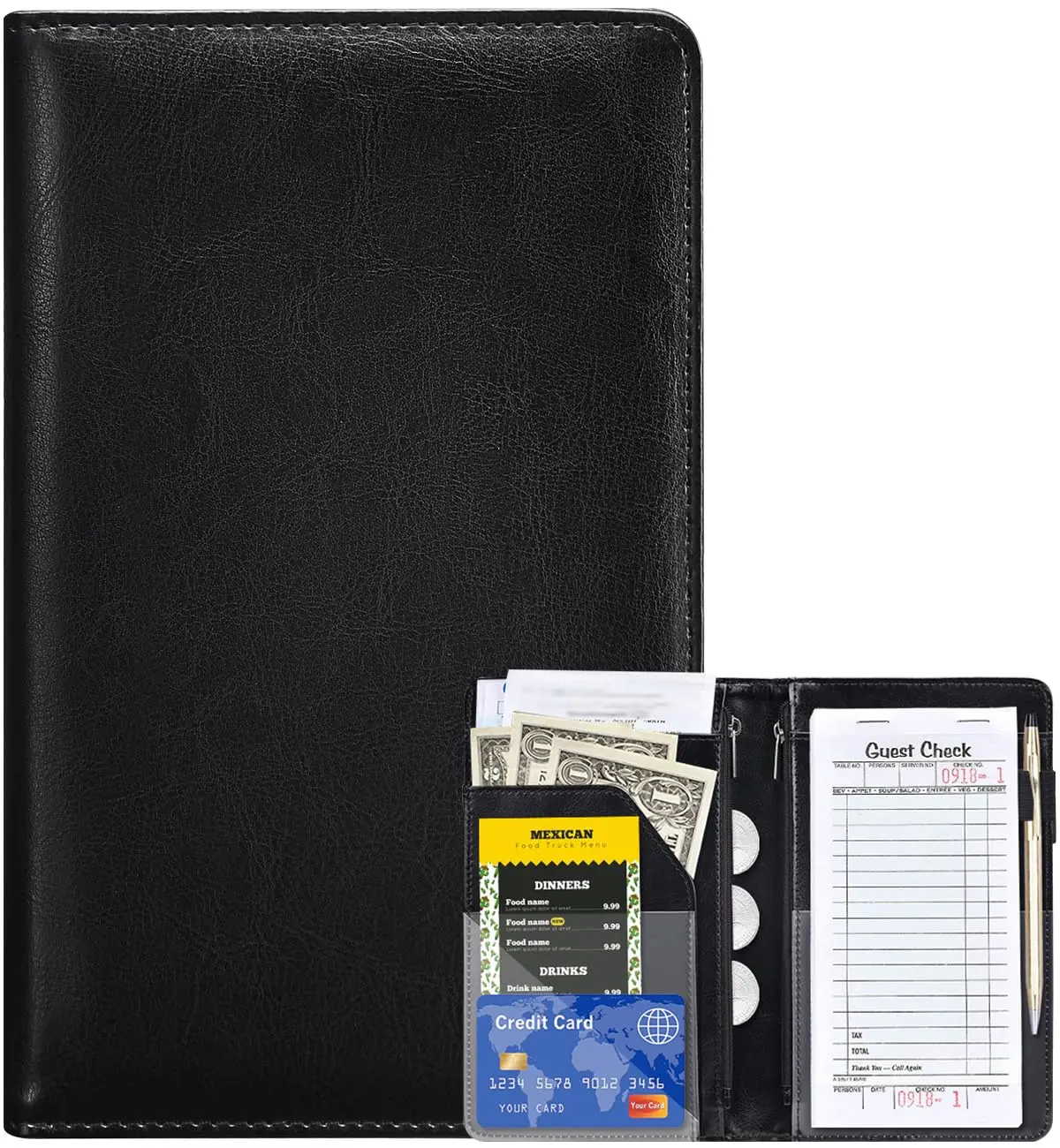 Server Books for Waitress - Leather Waiter Book Server Wallet with Zipper Pocket, Cute Waitress  Organizer with Money Pocket Fit Server Apron（Classic Black）