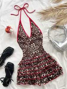 Women's Leopard Print Halter Romper Y2K V Neck Layered Ruffle Cheetah Shorts Jumpsuit for Club Night Out Music Festival Party