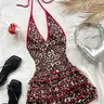 Women's Leopard Print Halter Straps V-Neck Layered Ruffle Lightweight Feminine Chunky Shorts Jumpsuit - Y2K Beach, Club Night Out, Music Festival Wear