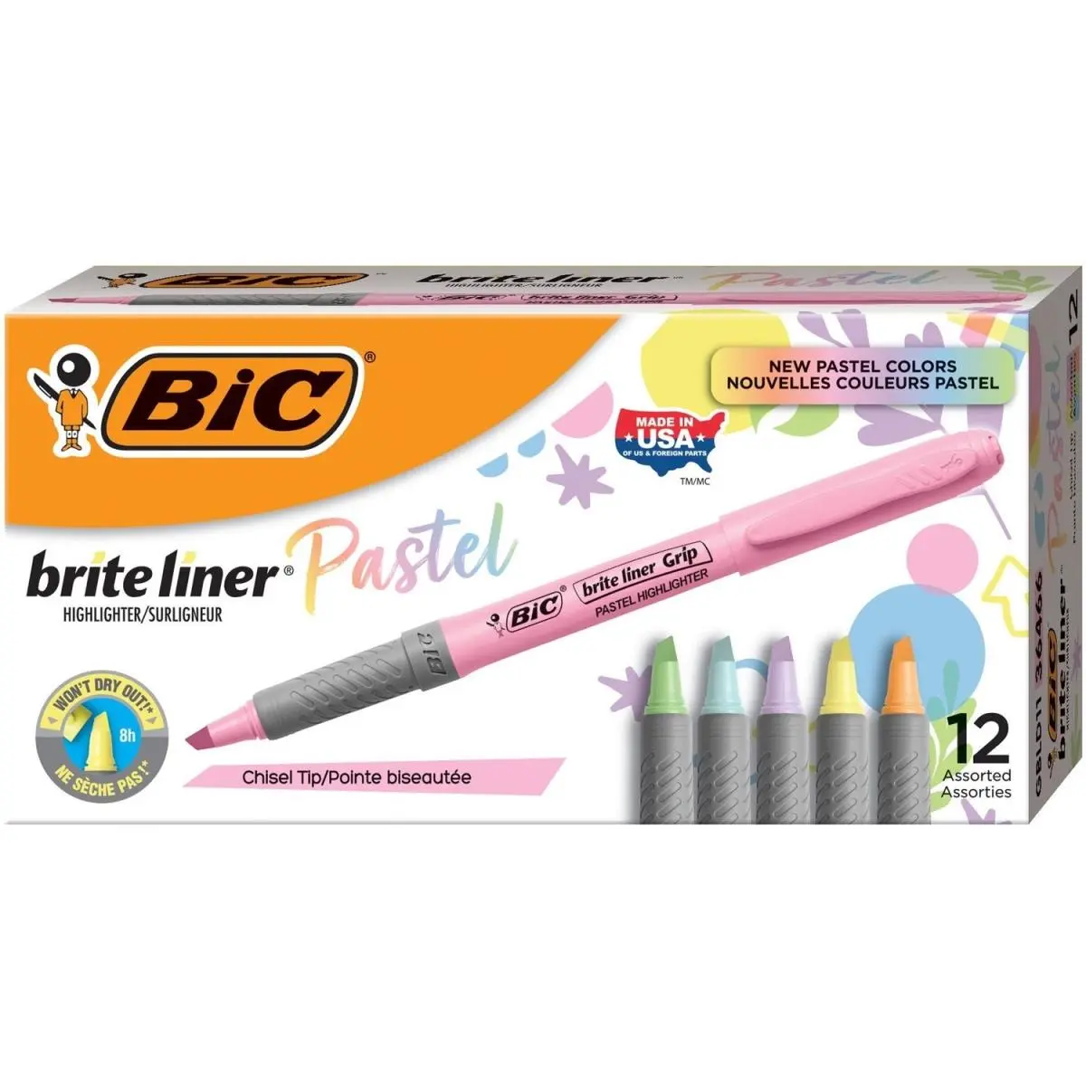 BIC Brite Liner Grip Pastel Highlighters - 12-Pack, Pocket Size, Assorted Colors, School Stationery, Office Writing Supplies