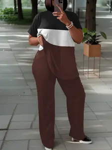 2025 Trendy Plus Size Women's 2 Piece Set - Color Block Short Sleeve Top & High Waisted Wide Leg Pants | Summer Casual Outfit | TikTok Viral Fashion, Curve Love, Body Positivity, Comfortable & Stylish Clothes Dress Stripes Fabric