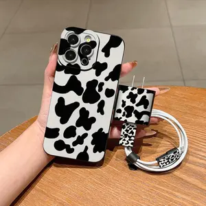 Cow Pattern Phone Case with Charger Saver & Cable Protector & Storage Rope, Anti-drop Cellphone Protective Case, Total Protective Shockproof Mobile Phone Cover for iPhone, Casing, Smartphone Protection