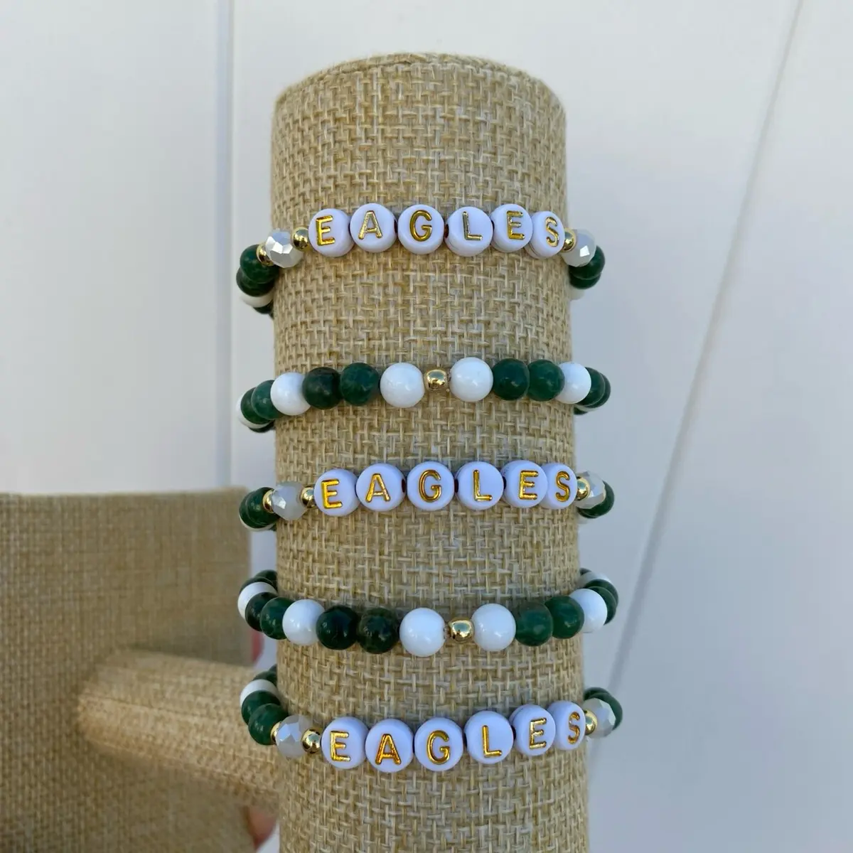 Eagles Beaded Bracelet - Green/White Bead Bracelet with Text, Featuring Eagles Colors