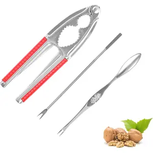 Heavy Duty Nut Walnut Shell Cracker Seafood Opener Tool with Red Non-slip Handle with 2 Pcs Forks/Picks
