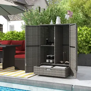 Outdoor Storage Cabinet With Shelves – Rattan Pool Towel Storage Cabinet With Removable Shelf & Drawer. Perfect For Poolside Or Hot Tub, Dark Gray