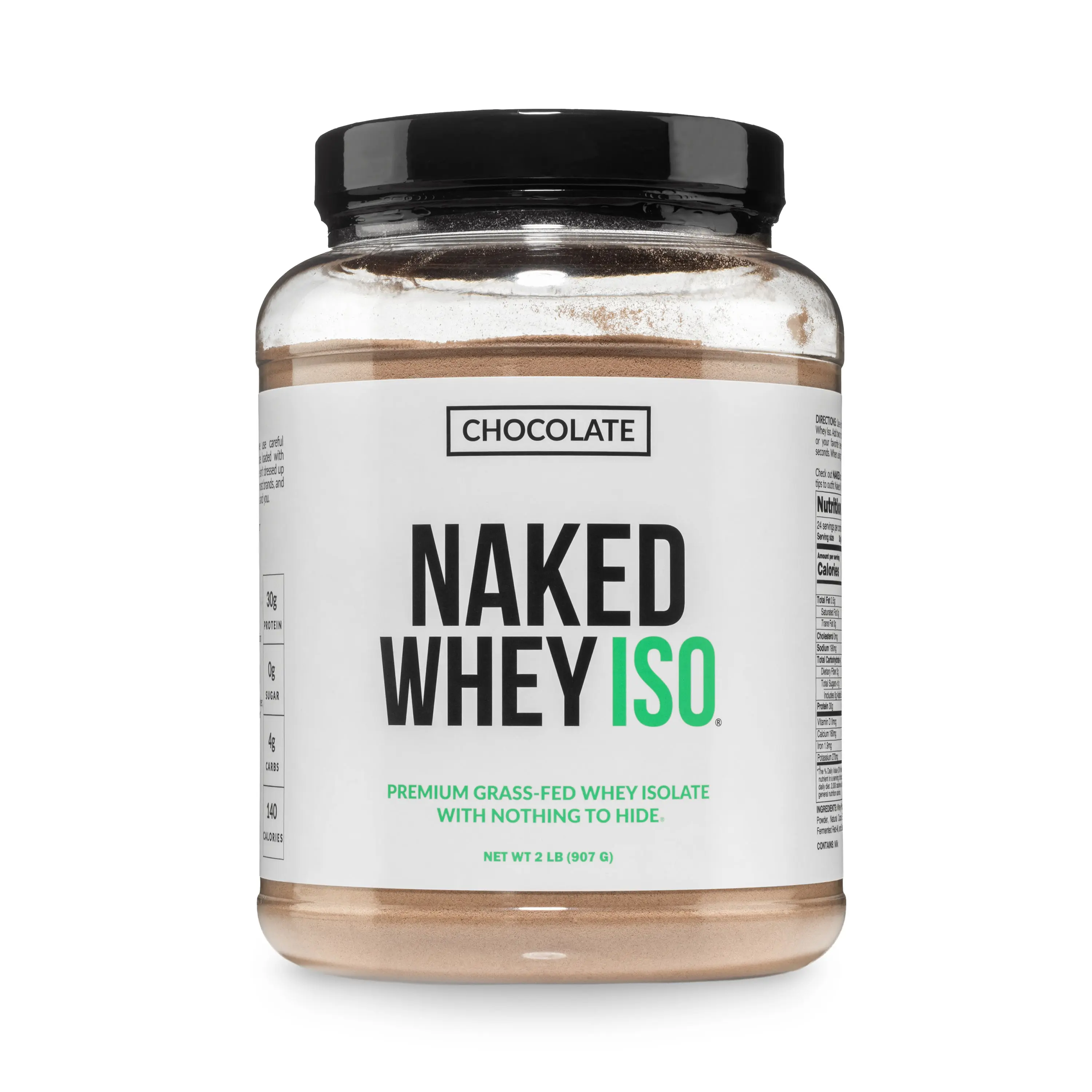 Naked Whey ISO Chocolate Flavor - Premium Grass Fed Whey Isolate Protein Powder - 2 LB - 30g Pure Protein, 6.2g BCAAs, 0g Sugar, 0.1g Lactose - Only 6 Ingredients