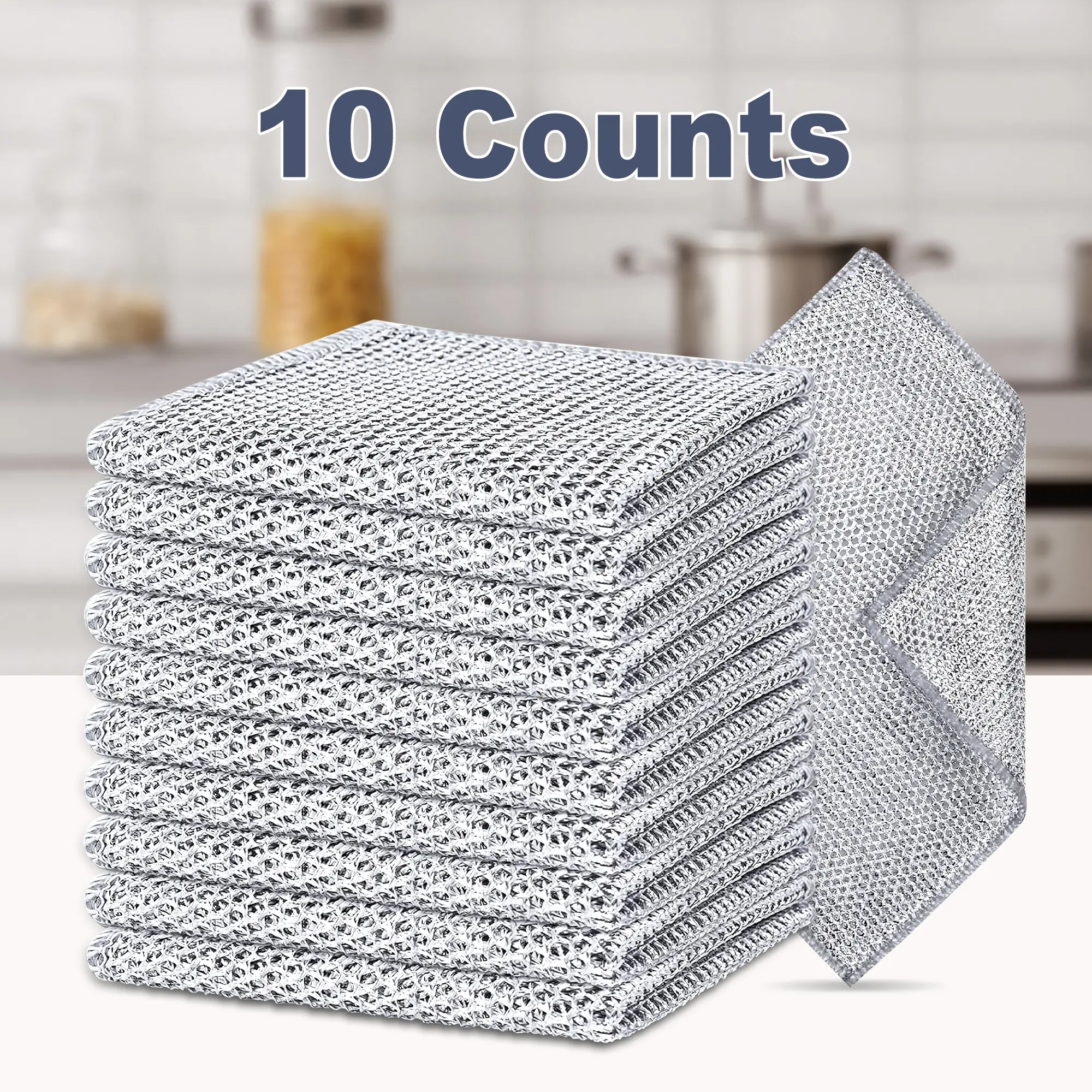 10-Count Silver Wire Mesh Dishcloths, Non-Scratch Reusable Home Cleaning Rags with Water Retention, 7.87x7.87" Removable Washable Cloths for Kitchen Sinks-Pots-Pans, Wet & Dry Use