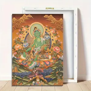 1pc,Green Tara Tibetan Buddhist Thangka Canvas Wall Art - Spiritual Goddess Painting for Meditation, Yoga Studio & Home Decor - Intricate Traditional Religious Artwork Print