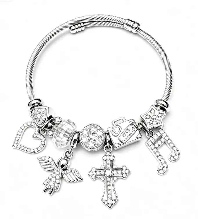 Silver Multi-Charm Wire Bangle, Angel Cross Heart Music Note Camera Rhinestone Beaded Bracelet, Elegant Versatile Faith Jewelry Gift for Women Gifted Meaningful