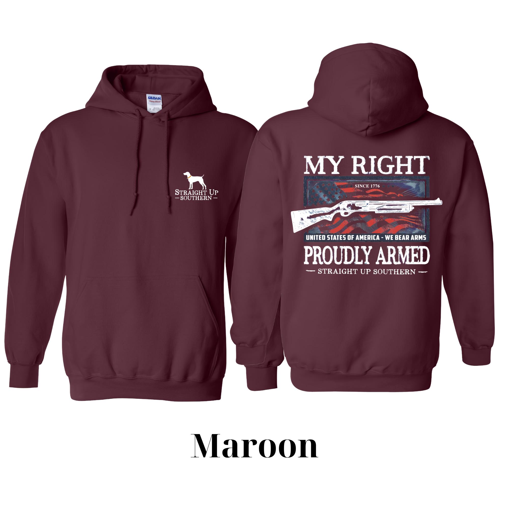 Straight Up Southern Hoodie – “Proudly Armed” 2nd Amendment Graphic with USA Flag, Patriotic Gun Rights Apparel, Top Menswear Style, Tiktok shop