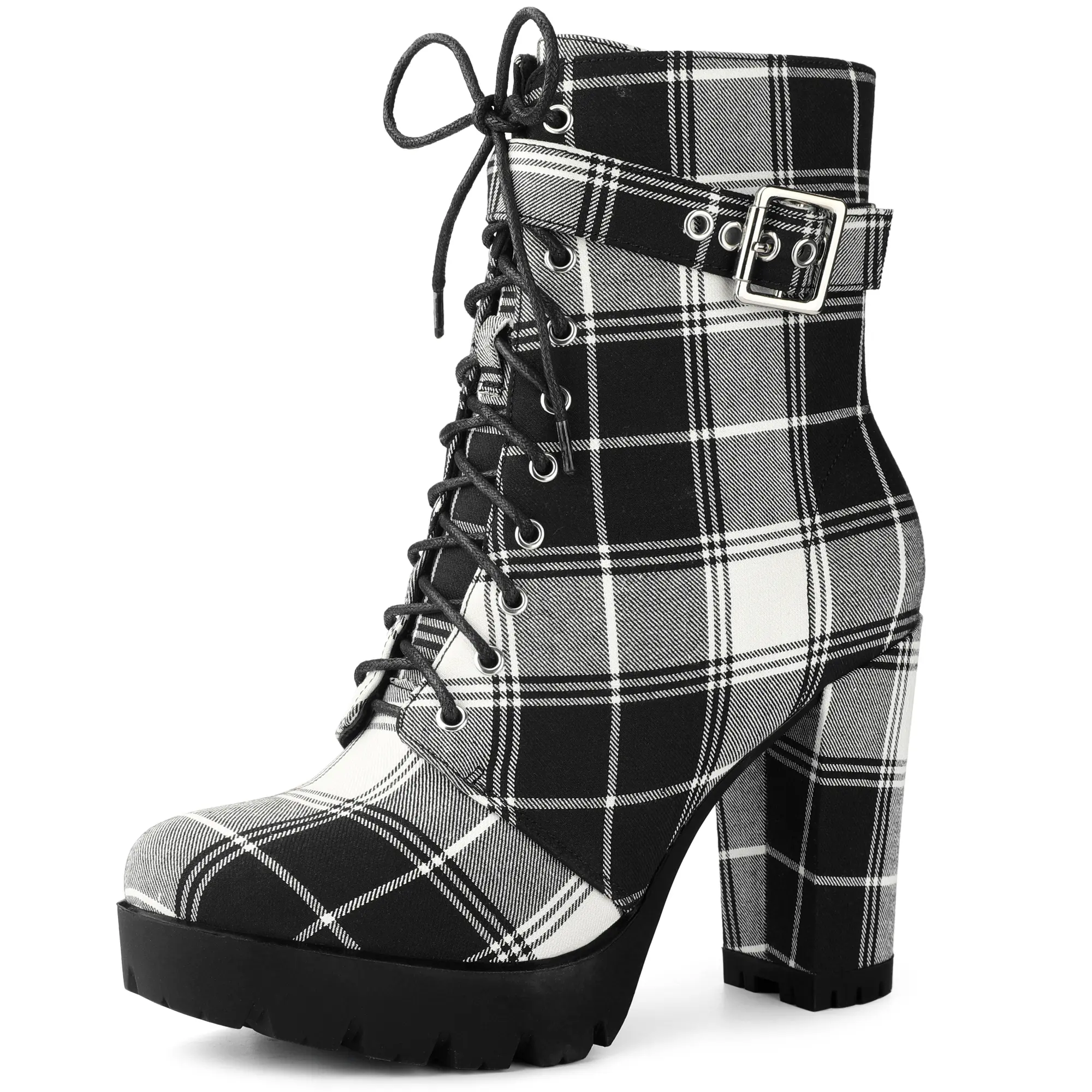BLISSFUL STEP Platform Lace Up Chunky Heel Plaid Printing Ankle Boots