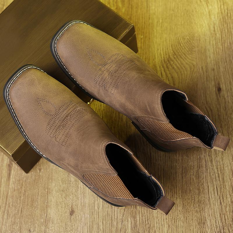 Men's Western Cowboy Boots Square-Toe Chelsea Ankle Boots Work Boots Casual Vintage Fashionable Classic Comfortable Versatile Available in Khaki and Black Outdoor Casual Closed-Toe Style