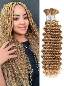 Honey Blonde Human Braiding Hair for Boho Braids 2 Bundles 100g #27 Deep Wave Bulk Human Hair for Braiding Wet and Wavy Curly Bundles No Weft Micro Braiding Hair Human Hair Extensions