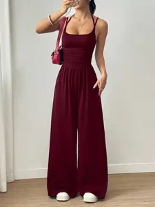 Women'S Casual Pleated Loose Straight Leg Jumpsuit, Spring/ Summer
