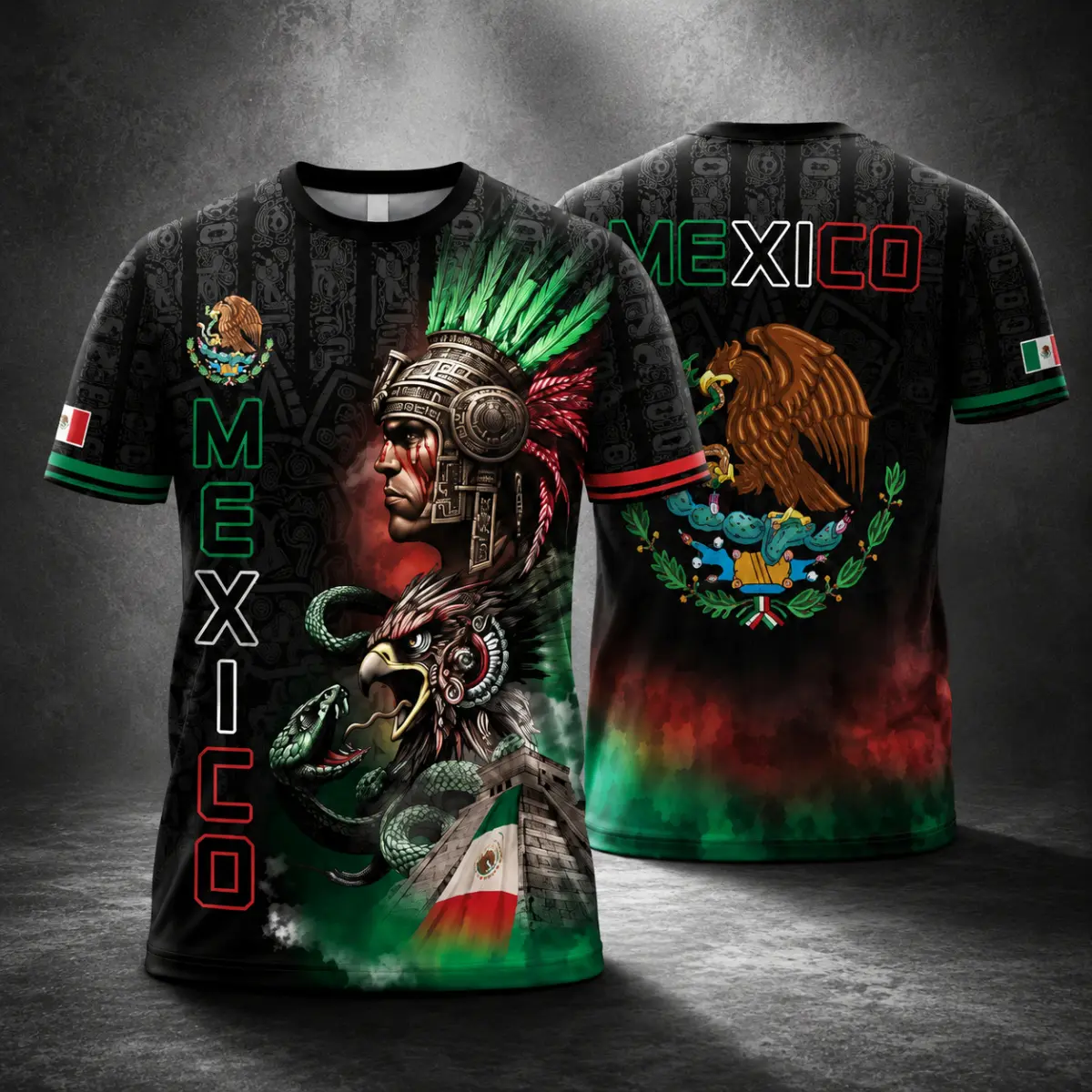 Mexico Aztec Warrior 3D All-Over Print T-Shirt, Mexican Eagle and Snake Graphic Tee Vintage Heritage , Cinco de Mayo Patriotic Unisex Gift for Men and Women