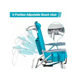 Folding Beach Chair Set  for Adults, 4 Position Portable Backpack Foldable Camping Chair with Headrest Cup Holder and Wooden Armrests