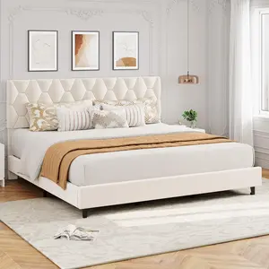 Modern KING Upholstered Platform Bed Frame – Adjustable Headboard, Heavy Duty Wood Slats & Sturdy Support – Noise-Free, No Box Spring Needed – Beige & Pink