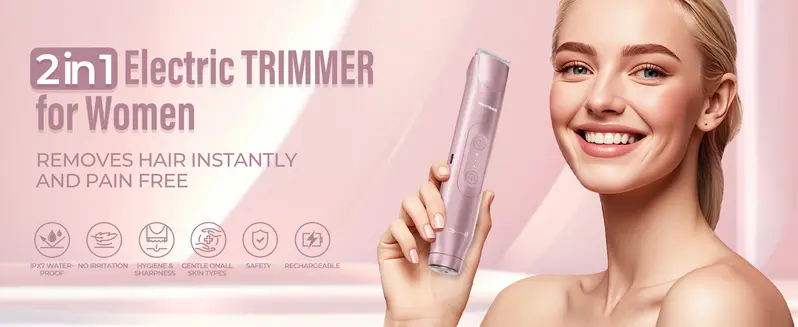 Product Introduction of Akunbem Bikini Trimmer for Women, Electric Shaver and Razor Rechargeable 2-in-1 Body and Facial Epilator, Dual Heads for Painless Trimming of Pubic Hair, Face, Underarms and Legs, IPX7 Waterproof. Christmas Gift New Year Gift Shaving Grooming 1