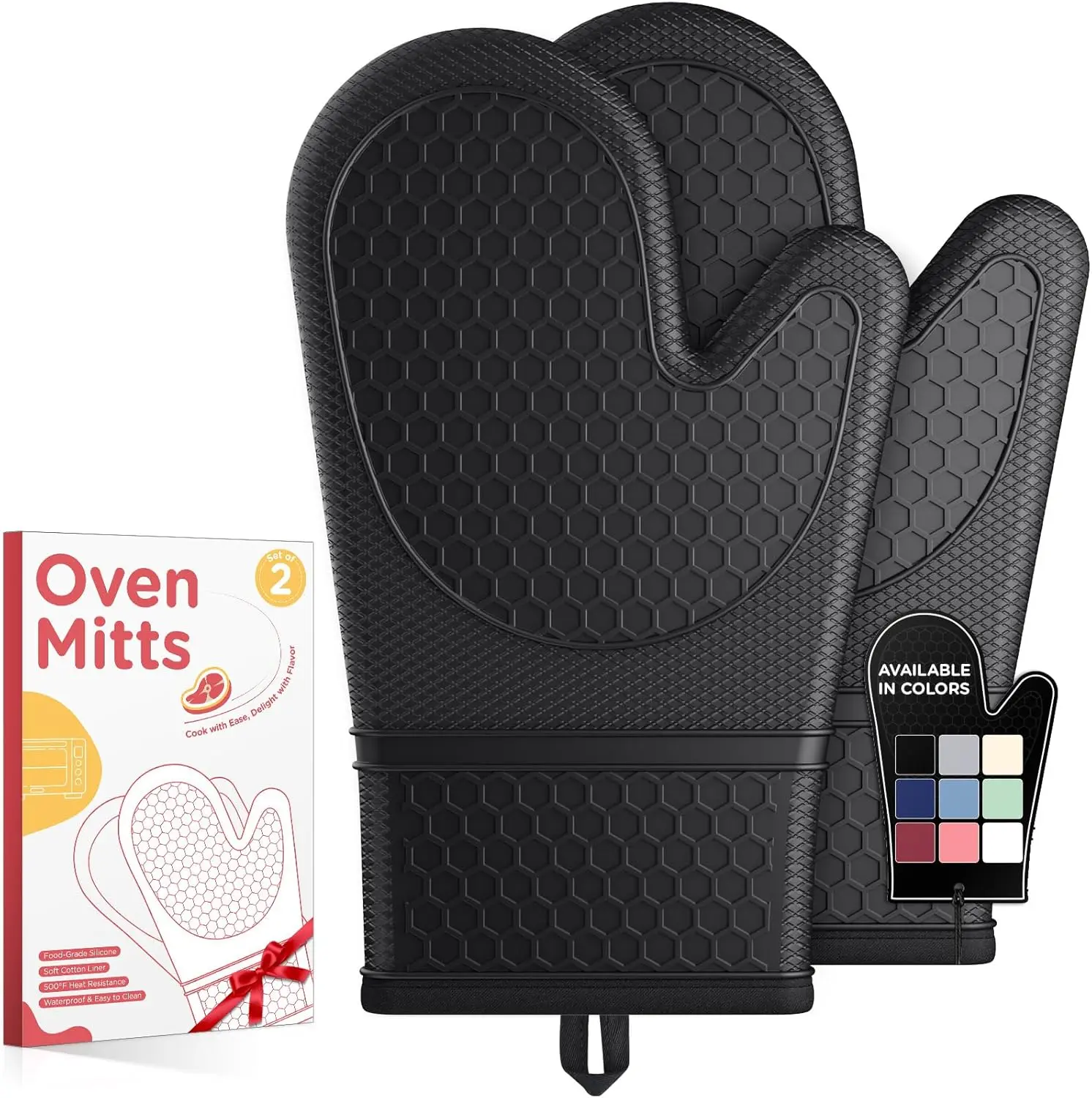 Silicone Oven Mitts, Set of 2, Heat Resistant, Oven Gloves with Soft Lining, Non-Slip Kitchen Essentials, Kitchen Gadgets, Apartment Essentials, Great Gift for Cooking, Baking, Black