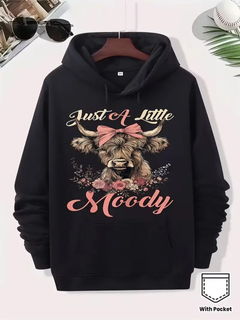 Just A Little Moody Highland Cow Floral Front Print Fleece Pullover Hoodie, Western Country Farm Animal Long Sleeve Sweatshirt For All Seasons