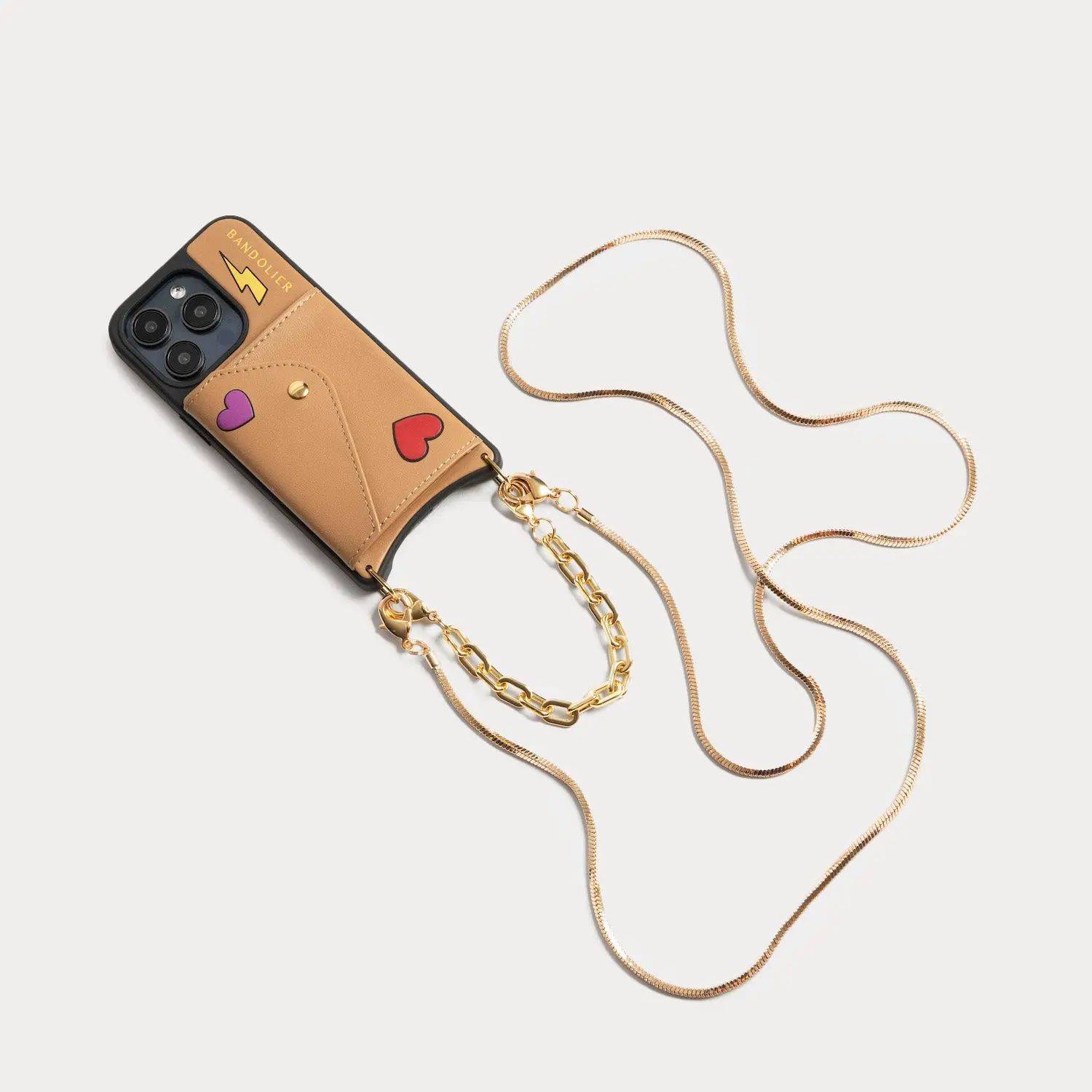 Gia Bolt Side Slot Leather Crossbody Bandolier Set - Electric Heart/Tan/Gold on