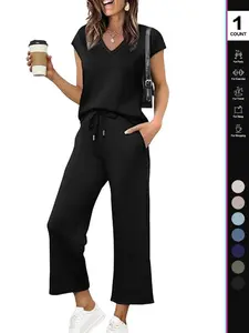 Two Piece Sets for Women OutfitsLounge Sets V Neck Tops Wide Leg PantsWoman Vacation Travel Outfits，Two-piece leisurewear set, providing women with a comfortable nighttime experience.（gift）