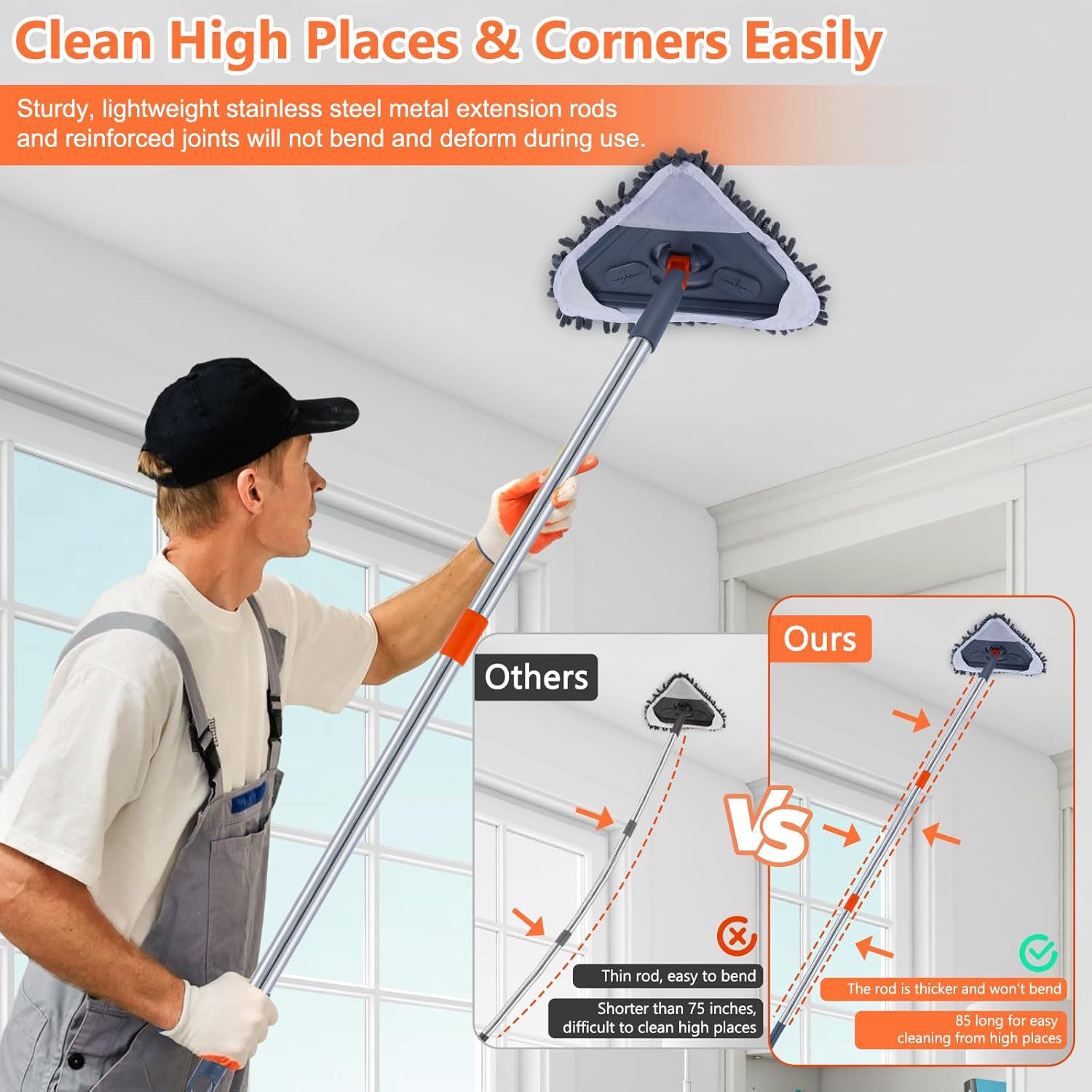 Wall Cleaning Mop with 85-Inch Long Handle, Wall Washing Tool, Suitable for Walls/Ceiling Fans/Dust/Baseboards/Floors, Ceiling Dusting Duster with Scraper, Includes 6 Replacement Pads