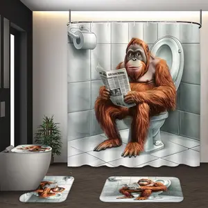 LVRLVR 4Pcs Funny Orangutan Reading Newspaper Print Humorous Cute Multi-Color Bathroom Curtains Shower Curtain Set 70.8×70.8 Inch