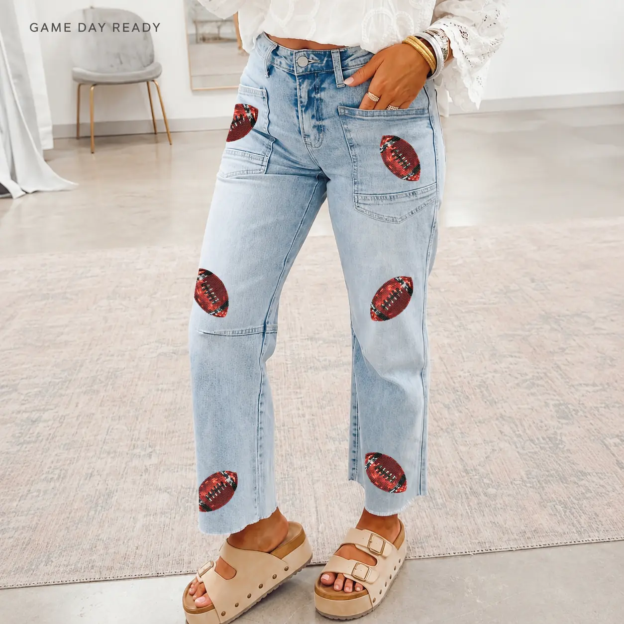 Beau Blue Football Sequin Jeans Women High Waisted Straight Leg Denim Pants Raw Hem Casual Game Day Outfit