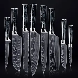 8-Piece Japanese Kitchen Knife Set with Black Resin Handles & Damascus Blade Pattern - Professional Chef Knife Set with Luxury Gift Box - Senken Knives