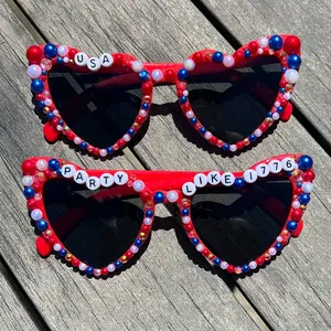 Fourth of July Pearl and Rhinestone Heart Sunglasses. Fourth of July Party Accessories