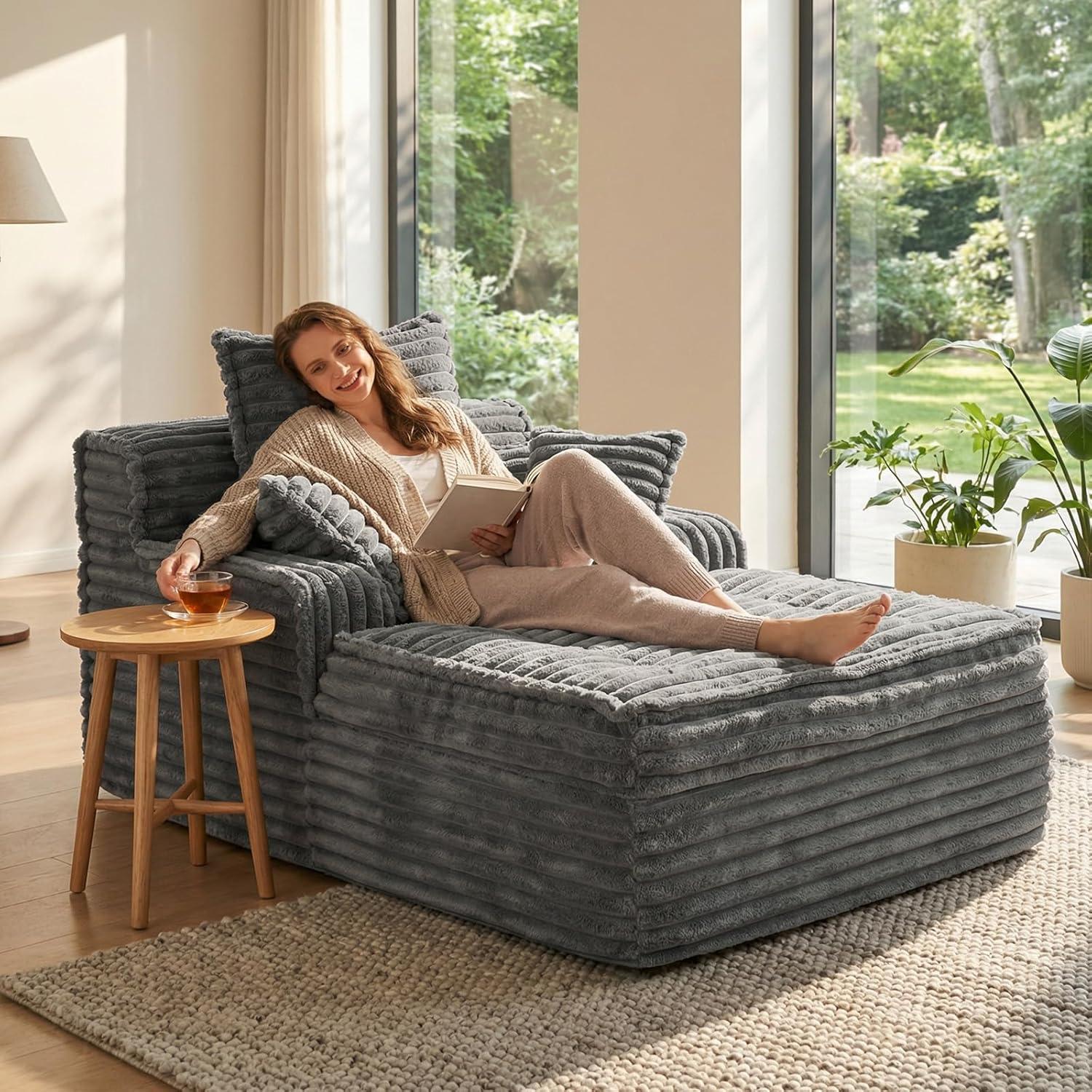 Winzoo Boneless Chaise Lounge Chair Indoor, Corduroy Small Boneless Sleeper Sofa with 3 Pillows & Wide Armrest, Fluffy Comfy Chase Lounge Indoor, Compression Boneless Couch for Living Room