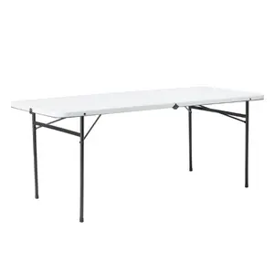 Mainstays 6 Foot Bi-Fold Plastic Folding Table, White, Portable Event Furniture, Foldable Utility Surface, Indoor Outdoor Use, Banquet Setup, Picnic Equipment